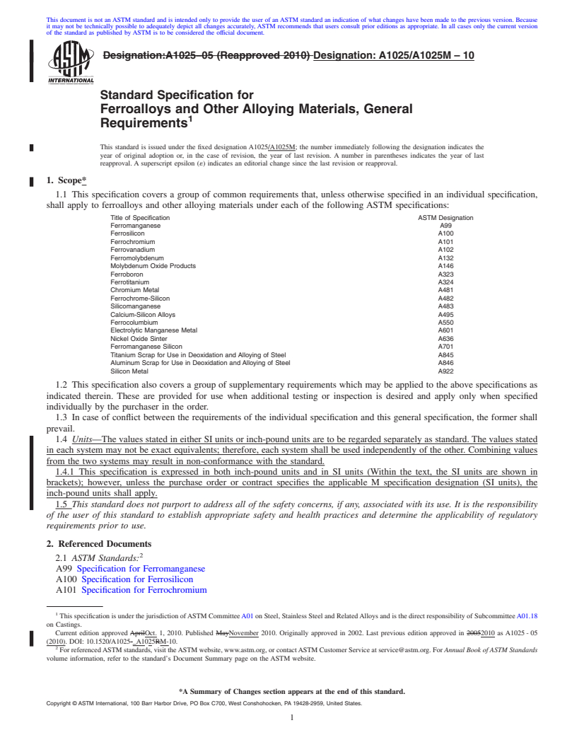 REDLINE ASTM A1025/A1025M-10 - Standard Specification for Ferroalloys, General Requirements