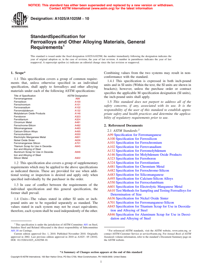 ASTM A1025/A1025M-10 - Standard Specification for Ferroalloys, General Requirements