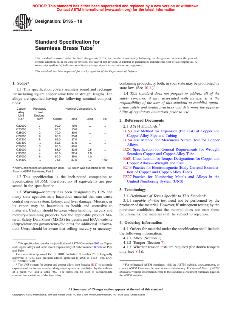 ASTM B135-10 - Standard Specification for  Seamless Brass Tube