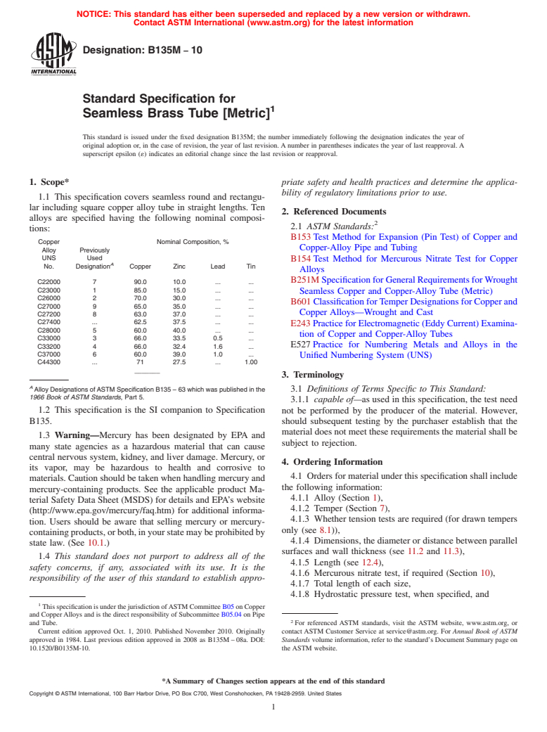 ASTM B135M-10 - Standard Specification for  Seamless Brass Tube [Metric] (Withdrawn 2017)