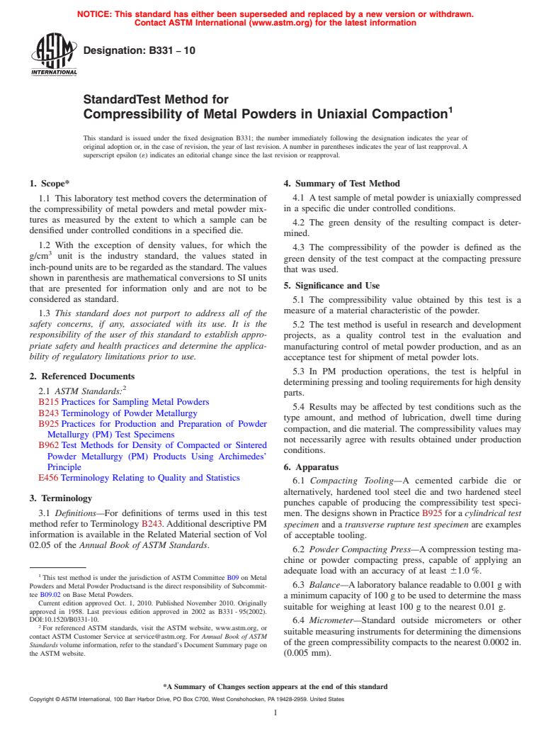 ASTM B331-10 - Standard Test Method for Compressibility of Metal Powders in Uniaxial Compaction