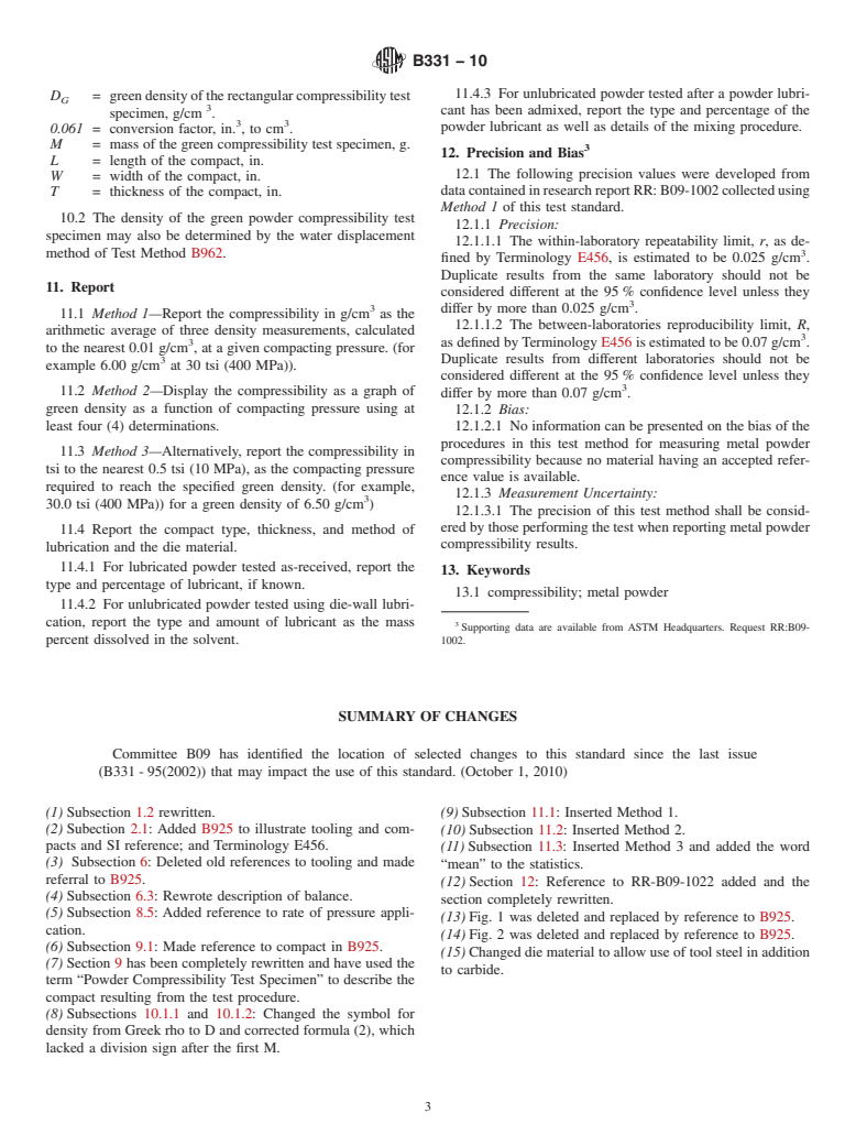 ASTM B331-10 - Standard Test Method for Compressibility of Metal Powders in Uniaxial Compaction