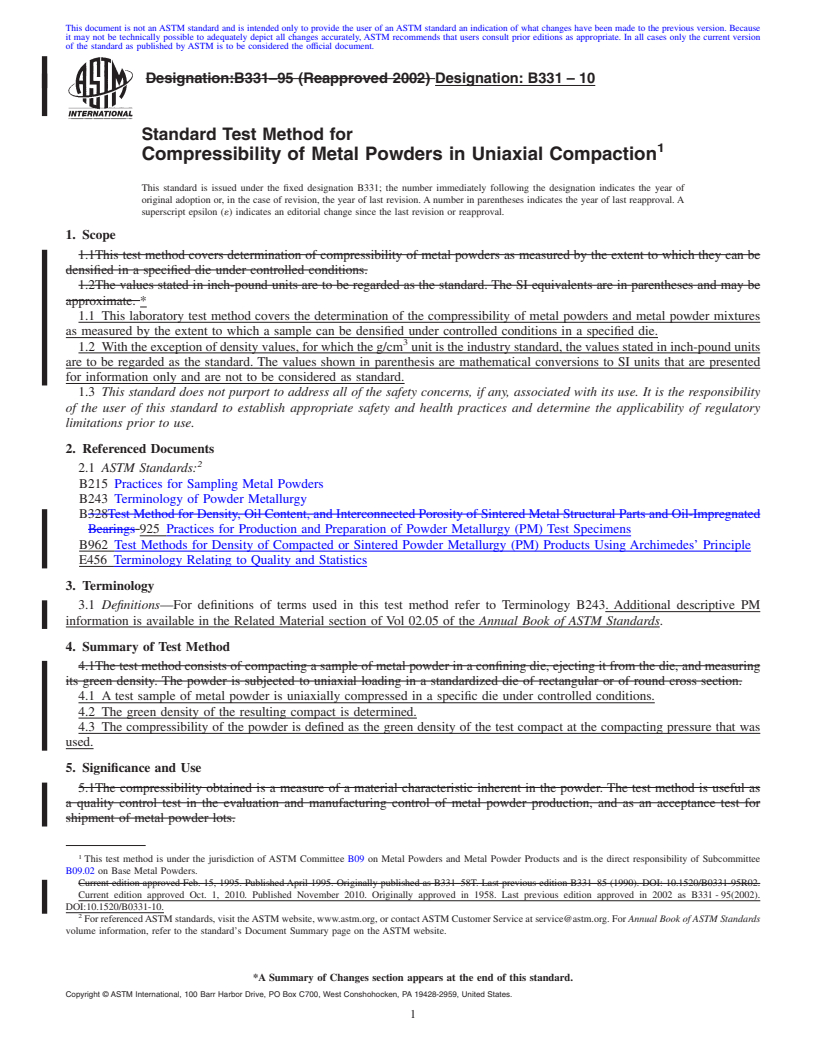 REDLINE ASTM B331-10 - Standard Test Method for Compressibility of Metal Powders in Uniaxial Compaction