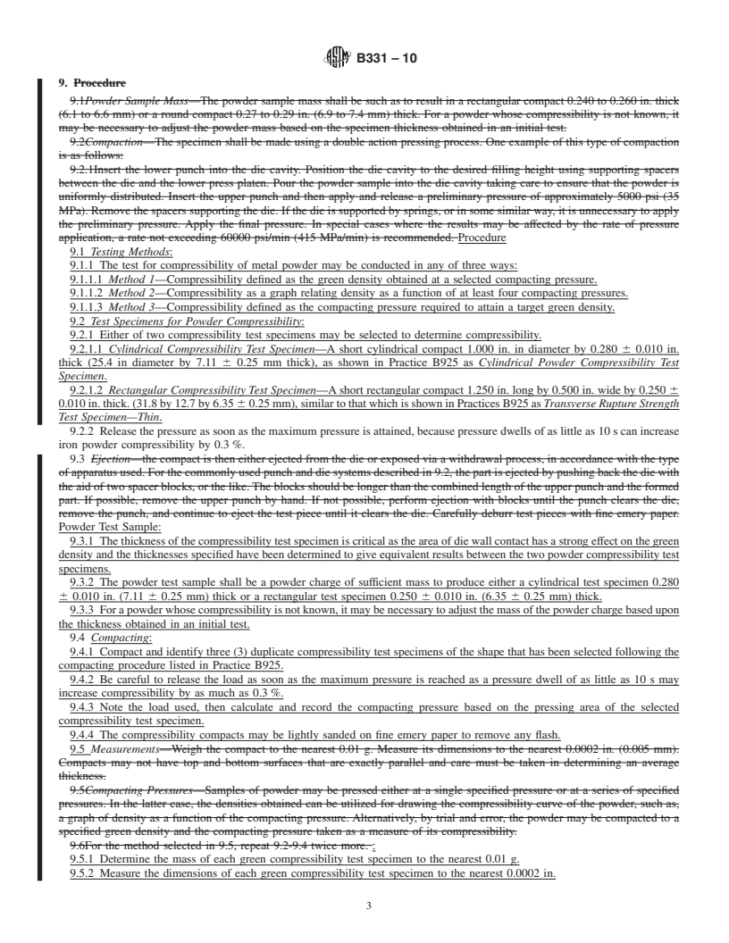 REDLINE ASTM B331-10 - Standard Test Method for Compressibility of Metal Powders in Uniaxial Compaction