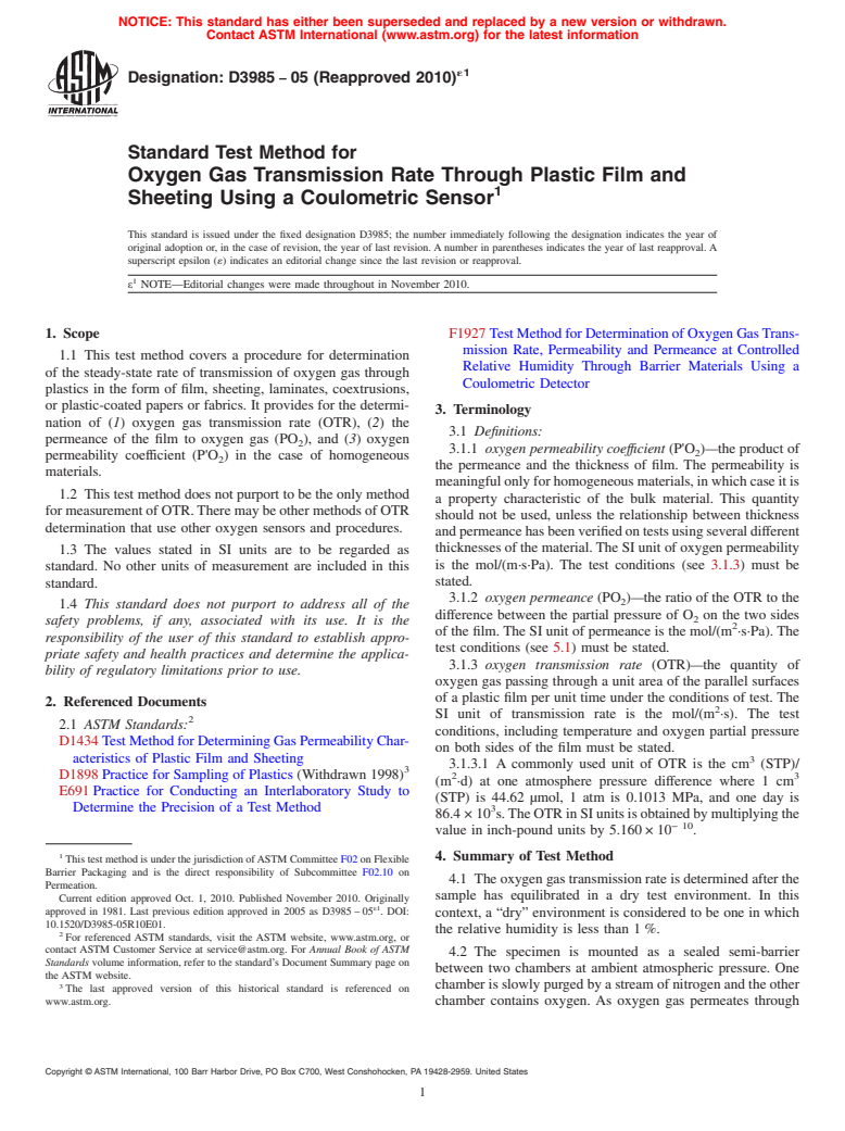 ASTM D3985-05(2010)e1 - Standard Test Method for Oxygen Gas Transmission Rate Through Plastic Film and Sheeting Using a Coulometric Sensor