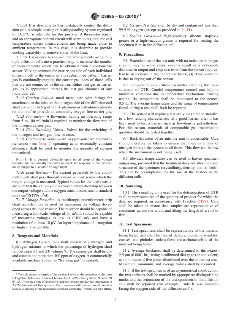 ASTM D3985-05(2010)e1 - Standard Test Method for Oxygen Gas Transmission Rate Through Plastic Film and Sheeting Using a Coulometric Sensor