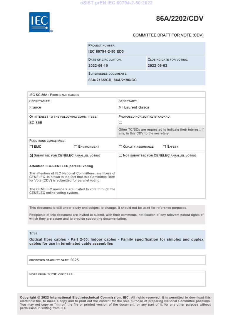 prEN IEC 60794-2-50:2022 - BARVE
