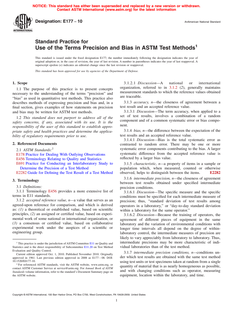 ASTM E177-10 - Standard Practice for  Use of the Terms Precision and Bias in ASTM Test Methods