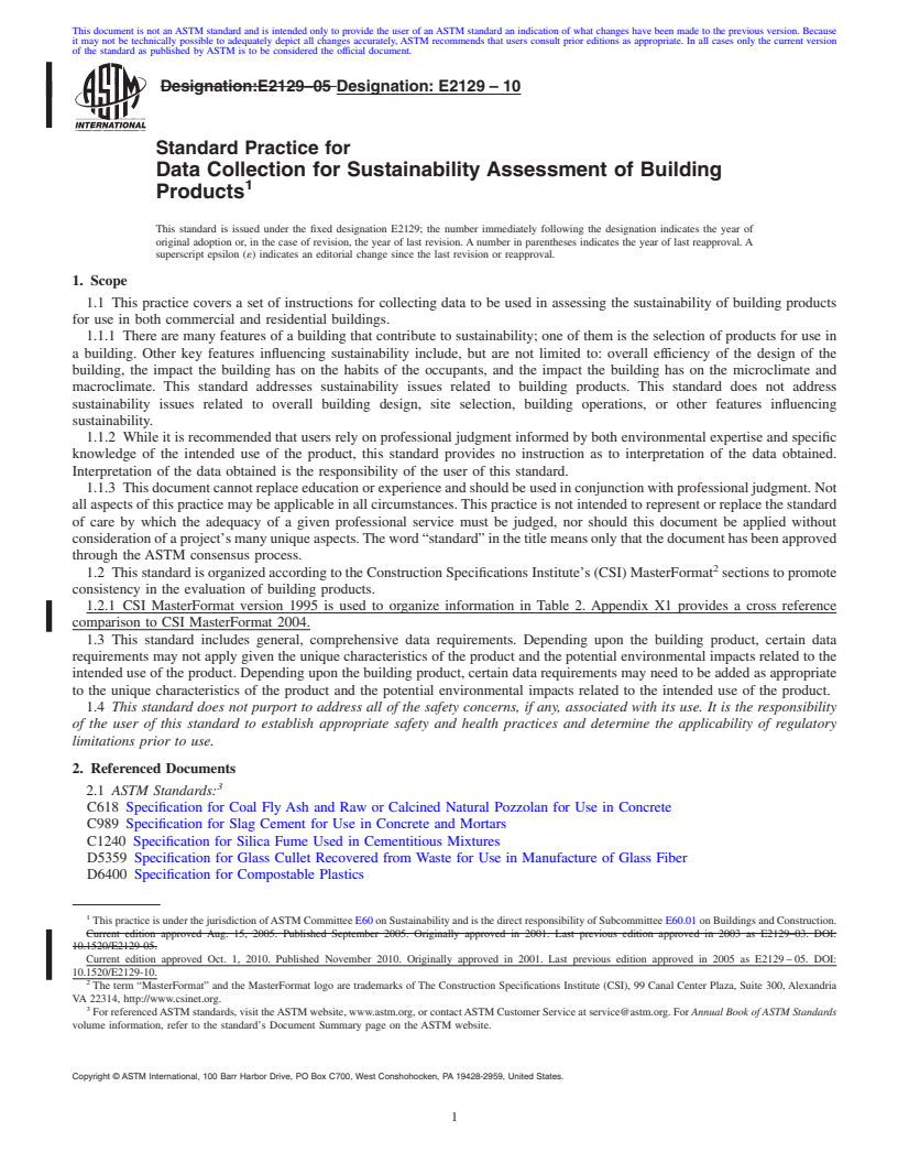 REDLINE ASTM E2129-10 - Standard Practice for Data Collection for Sustainability Assessment of Building Products