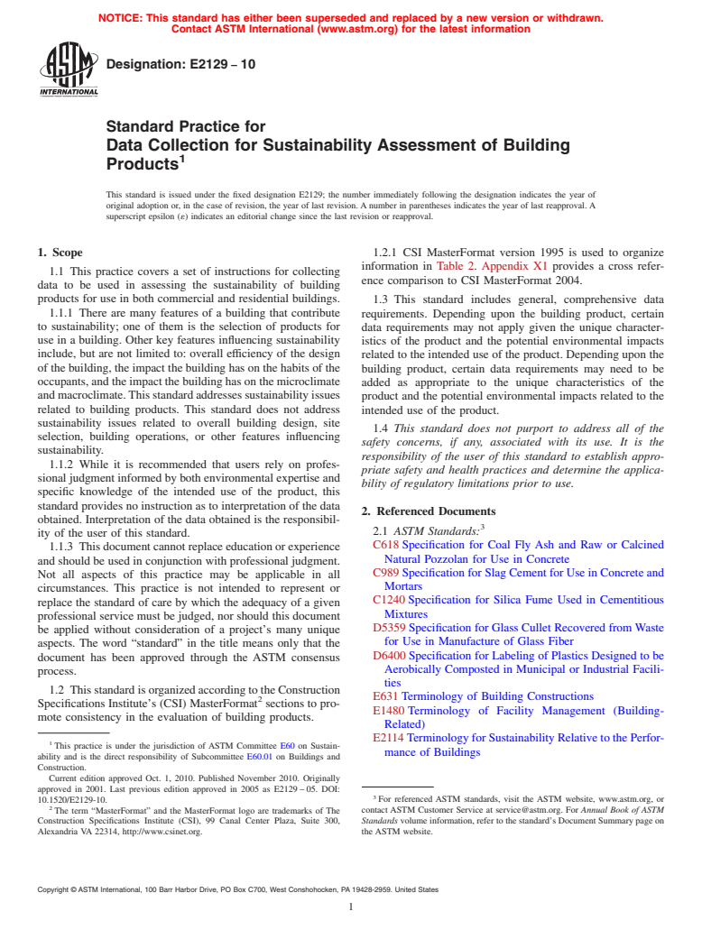 ASTM E2129-10 - Standard Practice for Data Collection for Sustainability Assessment of Building Products