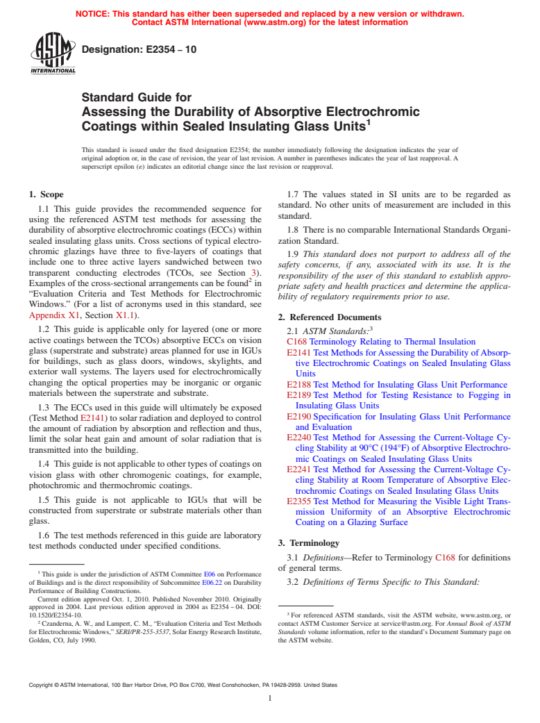 ASTM E2354-10 - Standard Guide for Assessing the Durability of Absorptive Electrochromic Coatings within Sealed Insulating Glass Units (Withdrawn 2019)