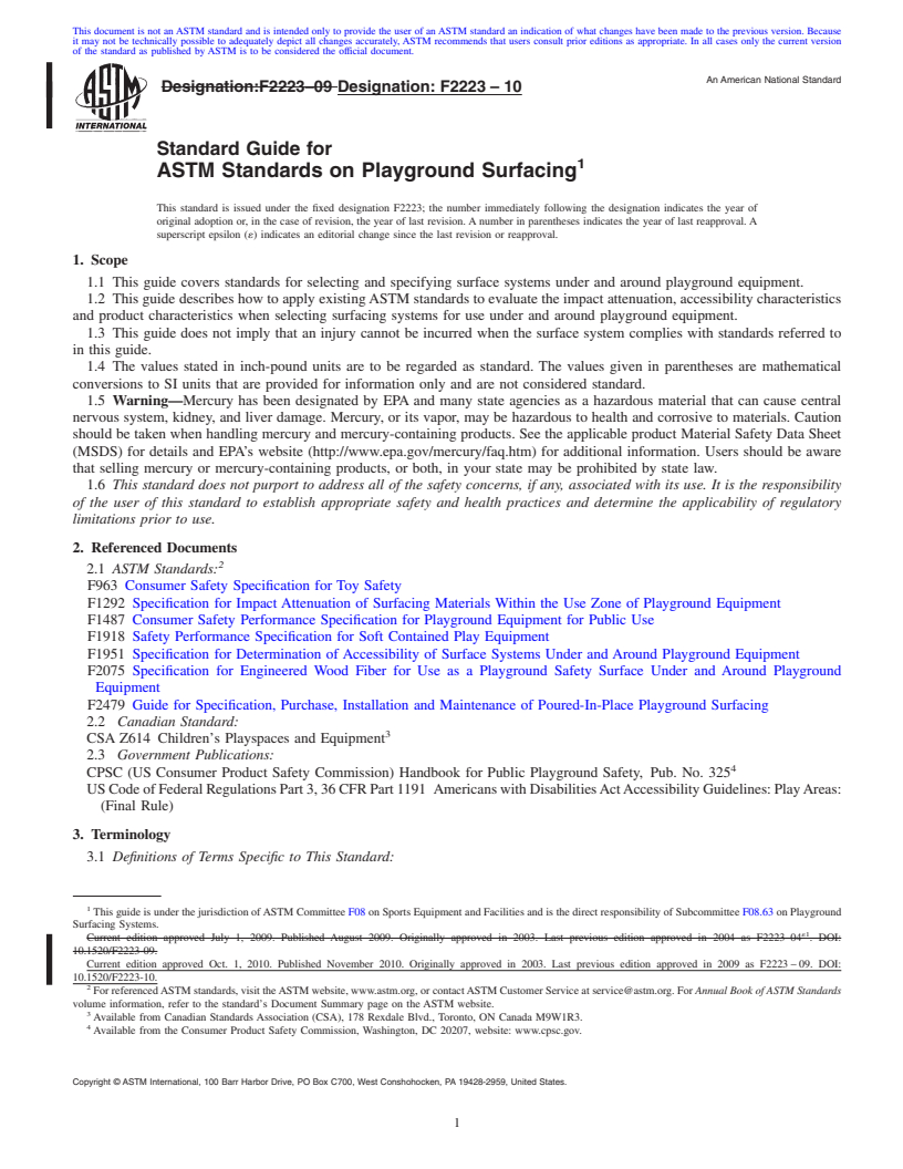 REDLINE ASTM F2223-10 - Standard Guide for ASTM Standards on Playground Surfacing