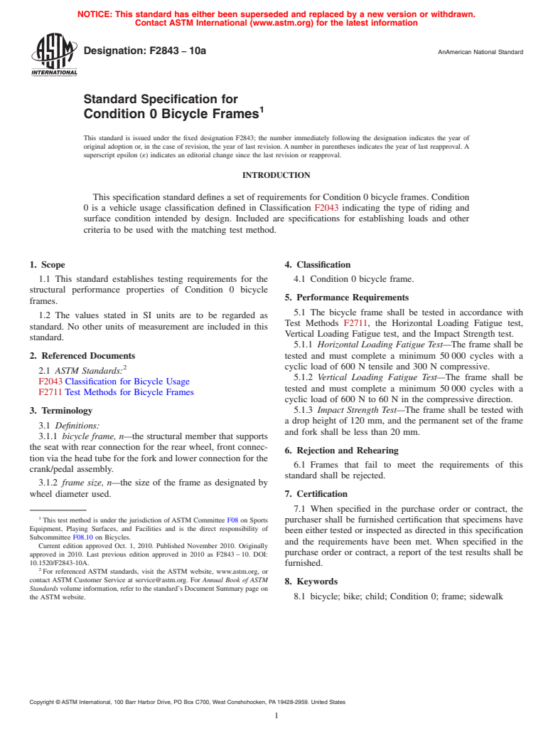 ASTM F2843-10a - Standard Specification for Condition 0 Bicycle Frames