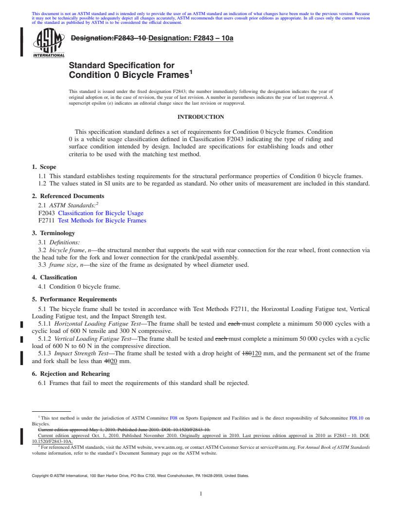 REDLINE ASTM F2843-10a - Standard Specification for Condition 0 Bicycle Frames