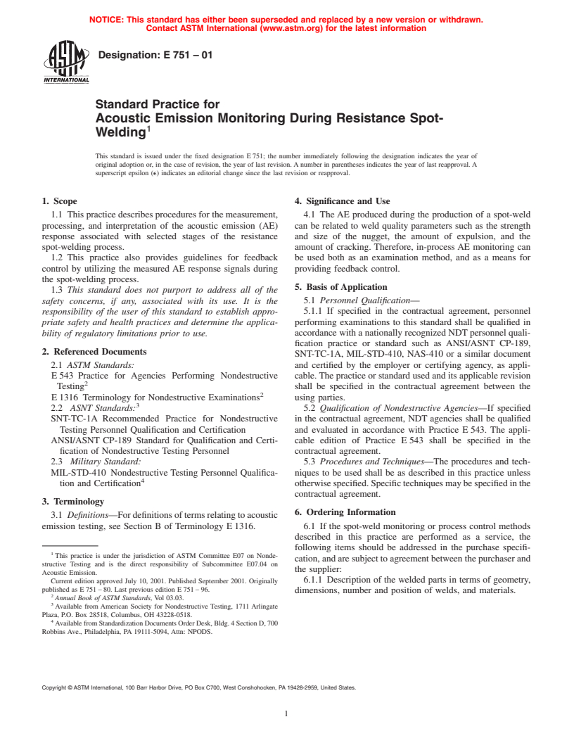 ASTM E751-01 - Standard Practice for Acoustic Emission Monitoring During Resistance Spot-Welding