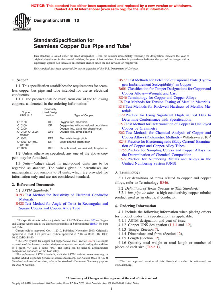 ASTM B188-10 - Standard Specification for Seamless Copper Bus Pipe and Tube