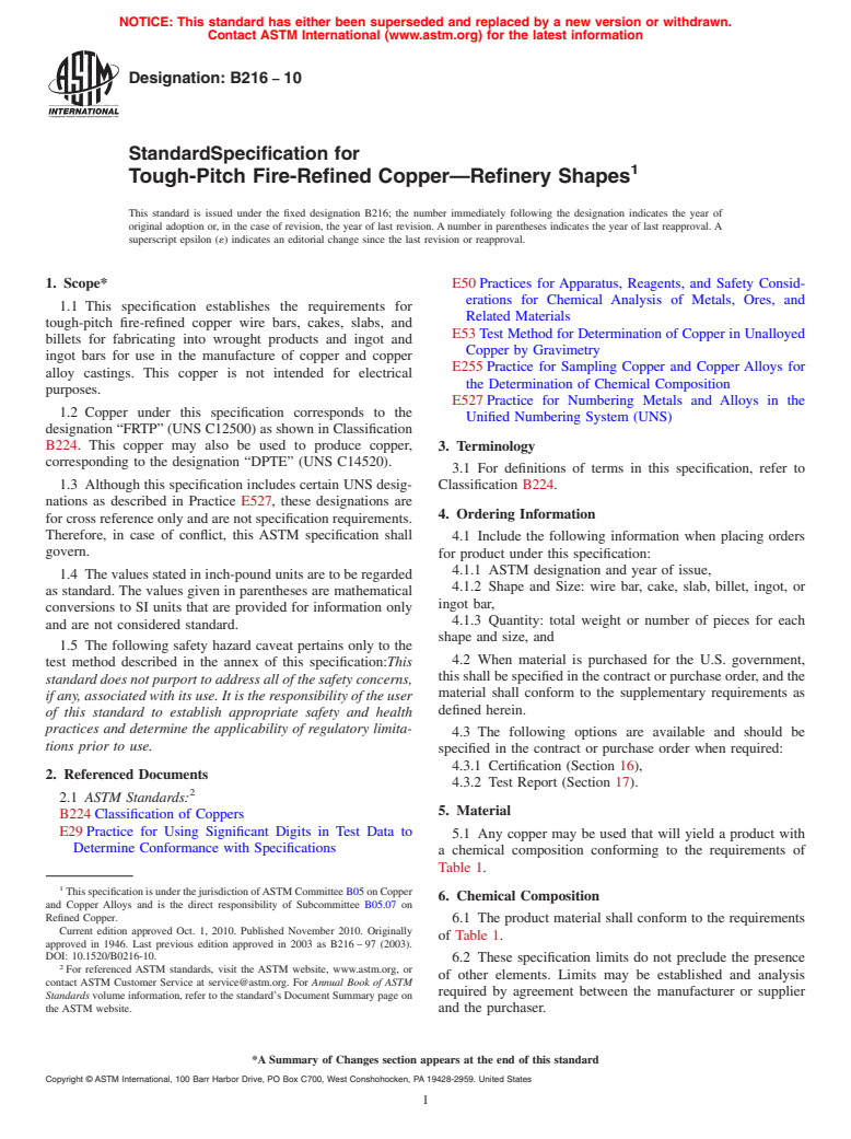 ASTM B216-10 - Standard Specification for Tough-Pitch Fire-Refined Copper&#8212;Refinery Shapes