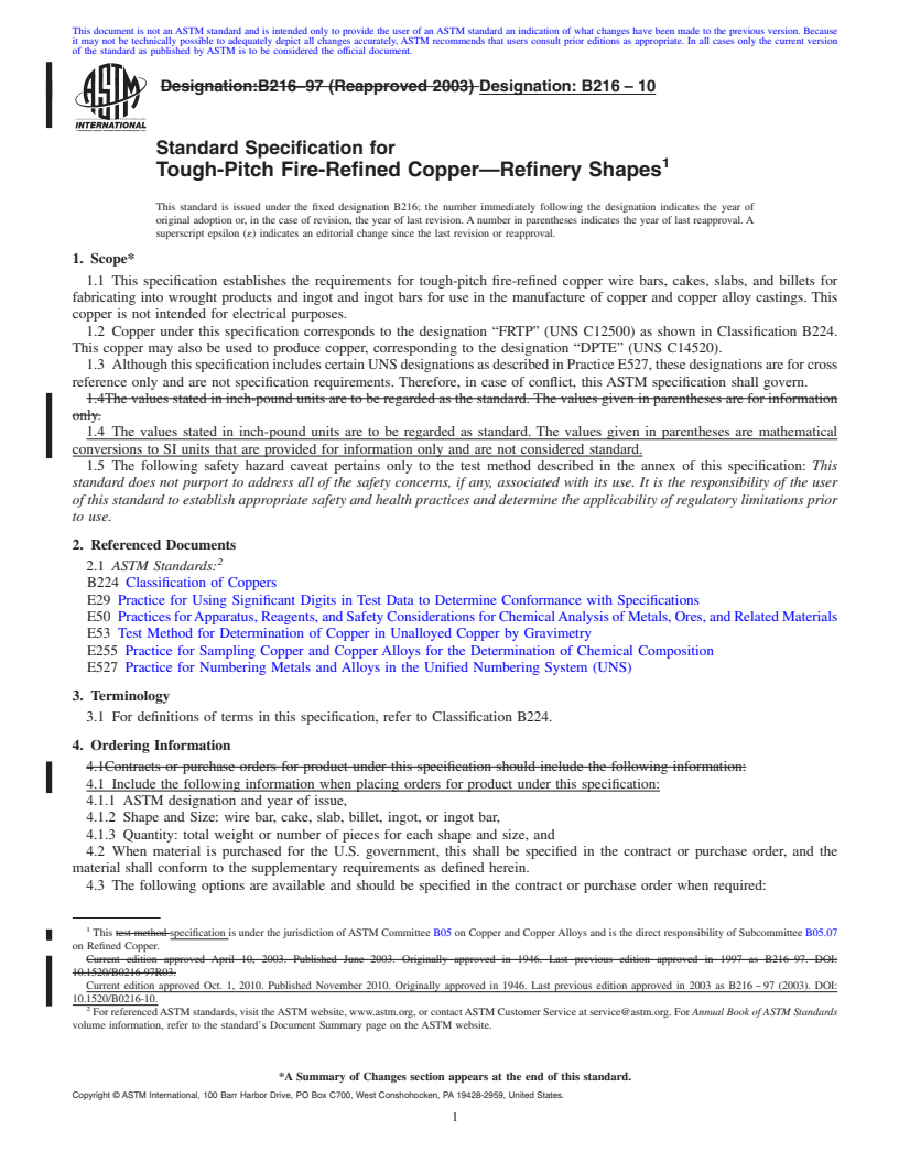 REDLINE ASTM B216-10 - Standard Specification for Tough-Pitch Fire-Refined Copper&#8212;Refinery Shapes