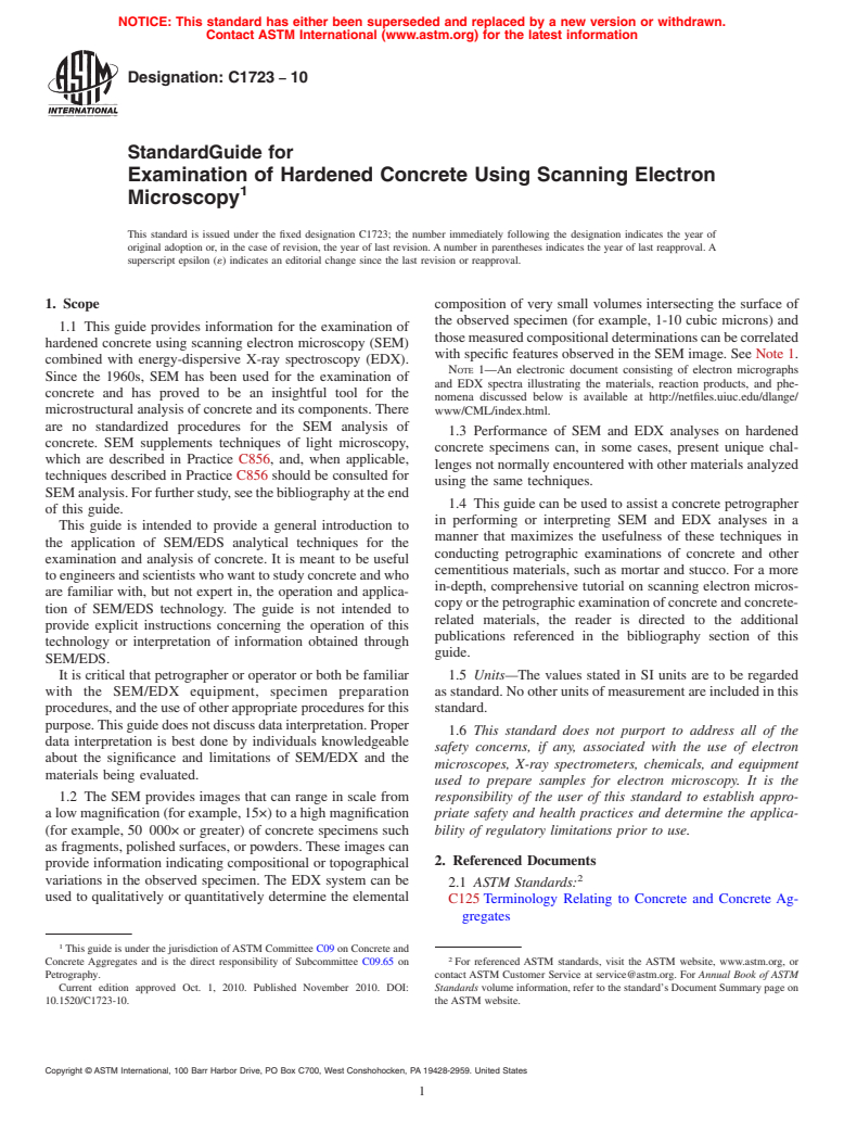 ASTM C1723-10 - Standard Guide for Examination of Hardened Concrete Using Scanning Electron Microscopy