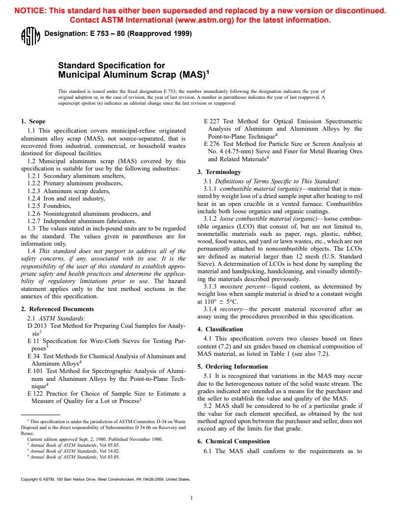 ASTM E753-80(1999) - Specification for Municipal Aluminum Scrap (MAS) (Withdrawn 2001)