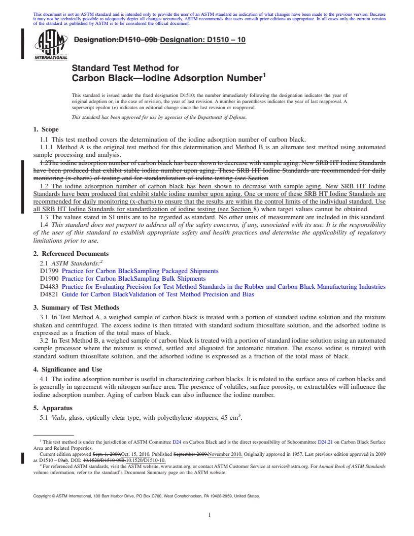 REDLINE ASTM D1510-10 - Standard Test Method for Carbon Black<span class='unicode'>&#x2014;</span>Iodine Adsorption Number
