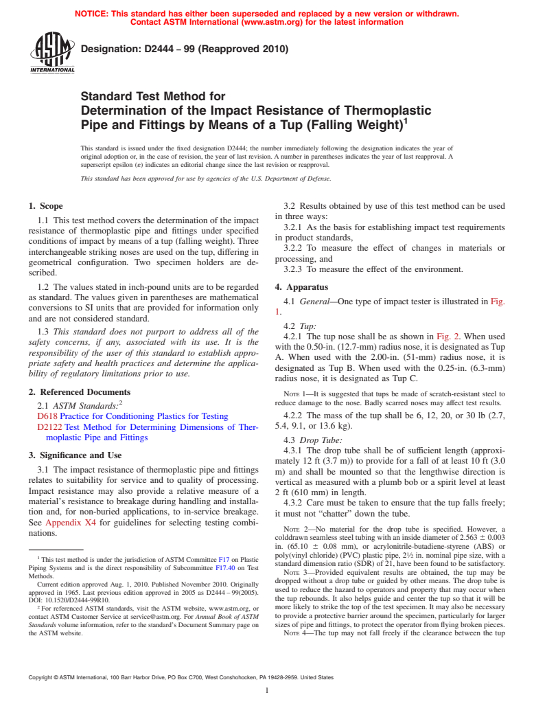 ASTM D2444-99(2010) - Standard Test Method for Determination of the Impact Resistance of Thermoplastic Pipe and Fittings by Means of a Tup (Falling Weight)