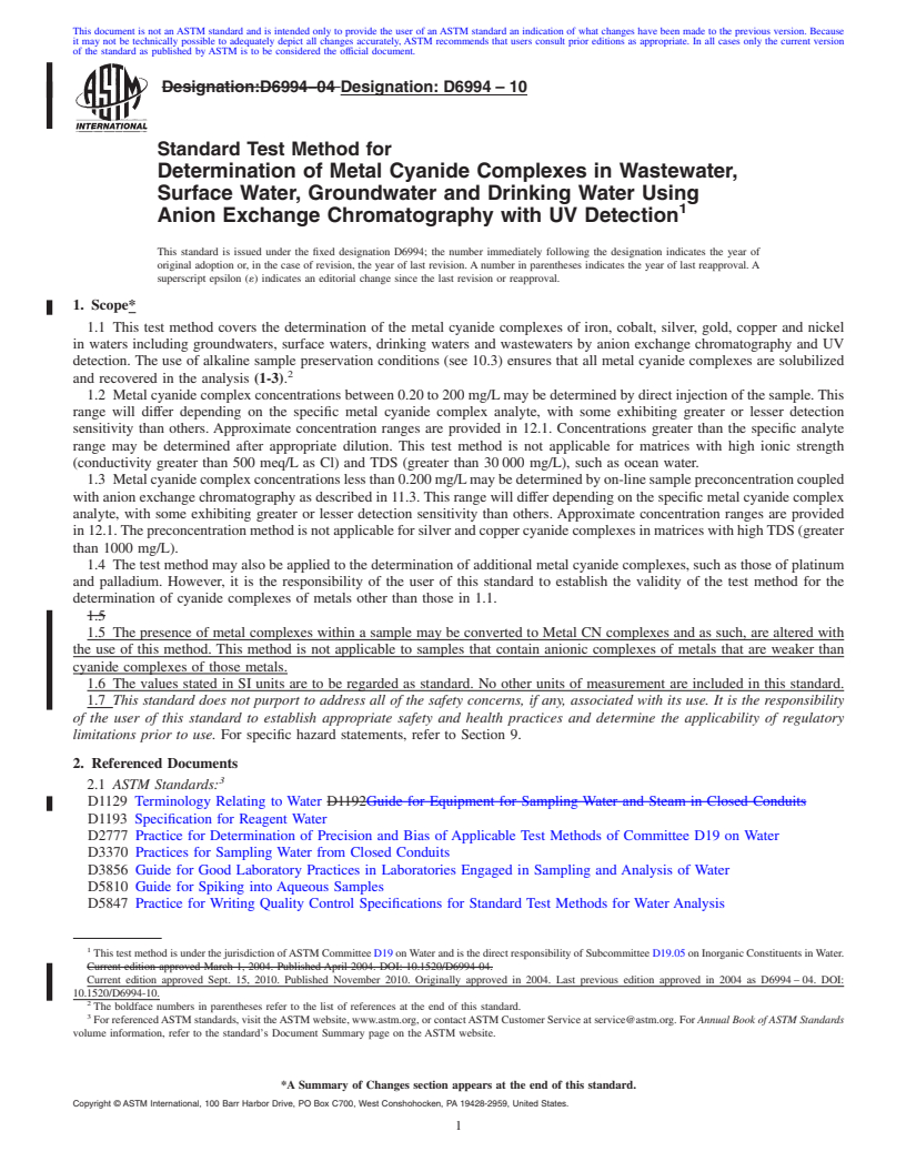 REDLINE ASTM D6994-10 - Standard Test Method for Determination of Metal Cyanide Complexes in Wastewater, Surface Water, Groundwater and Drinking Water Using Anion Exchange Chromatography with UV Detection