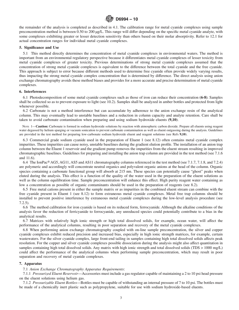 REDLINE ASTM D6994-10 - Standard Test Method for Determination of Metal Cyanide Complexes in Wastewater, Surface Water, Groundwater and Drinking Water Using Anion Exchange Chromatography with UV Detection