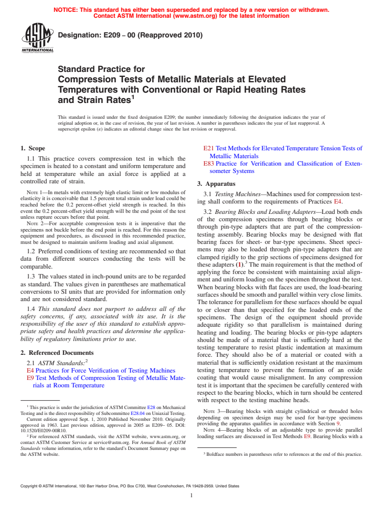 ASTM E209-00(2010) - Standard Practice for Compression Tests of Metallic Materials at Elevated Temperatures with Conventional or Rapid Heating Rates and Strain Rates