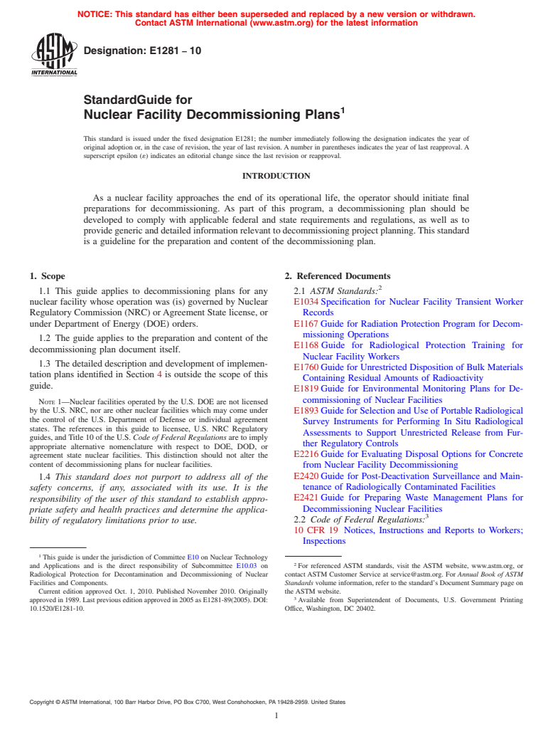ASTM E1281-10 - Standard Guide for Nuclear Facility Decommissioning Plans