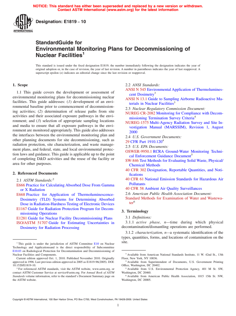 ASTM E1819-10 - Standard Guide for  Environmental Monitoring Plans for Decommissioning of Nuclear Facilities