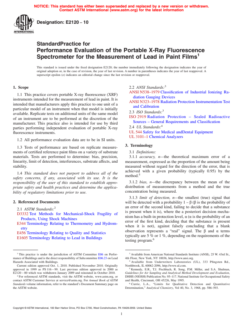 ASTM E2120-10 - Standard Practice for Performance Evaluation of the Portable X-Ray Fluorescence Spectrometer for the Measurement of Lead in Paint Films