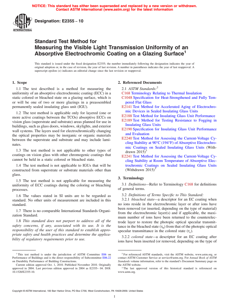 ASTM E2355-10 - Standard Test Method for Measuring the Uniformity of an Absorptive Electrochromic Coating on a Glazing Surface (Withdrawn 2019)