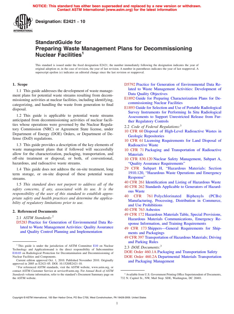 ASTM E2421-10 - Standard Guide for Preparing Waste Management Plans for Decommissioning Nuclear Facilities