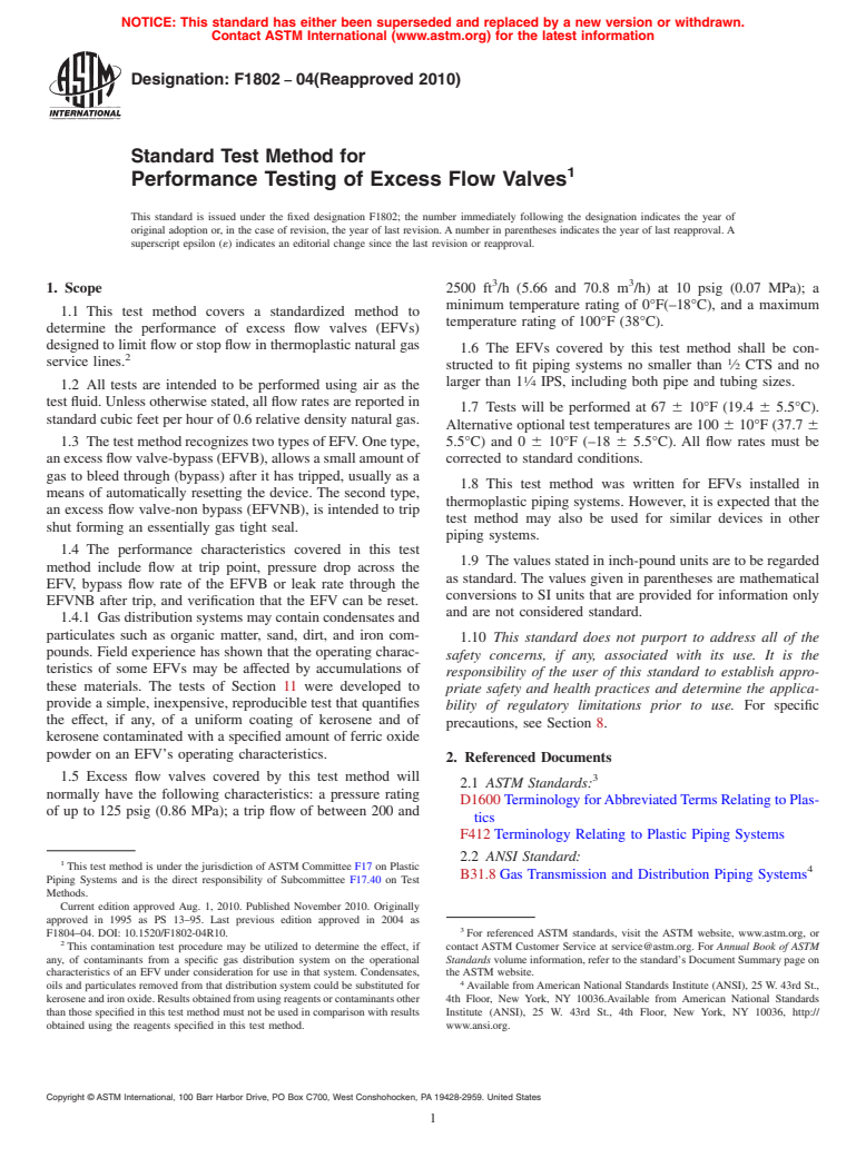 ASTM F1802-04(2010) - Standard Test Method for Performance Testing of Excess Flow Valves