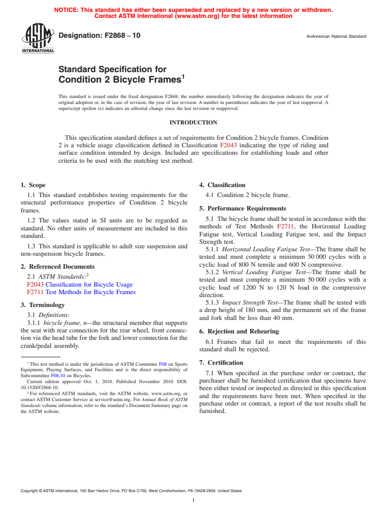 ASTM F2868-10 - Standard Specification for Condition 2 Bicycle Frames