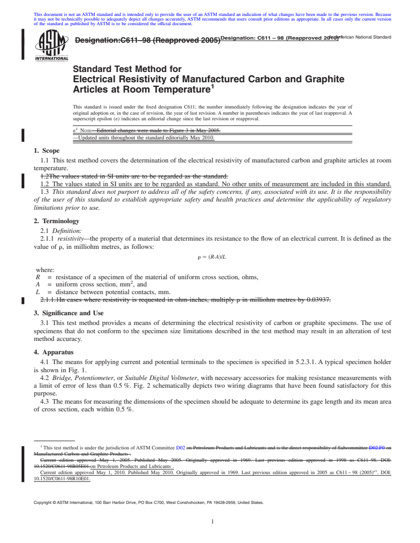 REDLINE ASTM C611-98(2010)e1 - Standard Test Method for Electrical Resistivity of Manufactured Carbon and Graphite Articles at Room Temperature