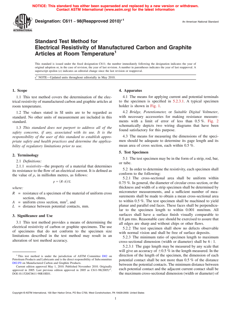 ASTM C611-98(2010)e1 - Standard Test Method for Electrical Resistivity of Manufactured Carbon and Graphite Articles at Room Temperature