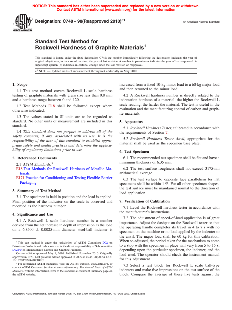 ASTM C748-98(2010)e1 - Standard Test Method for Rockwell Hardness of Graphite Materials