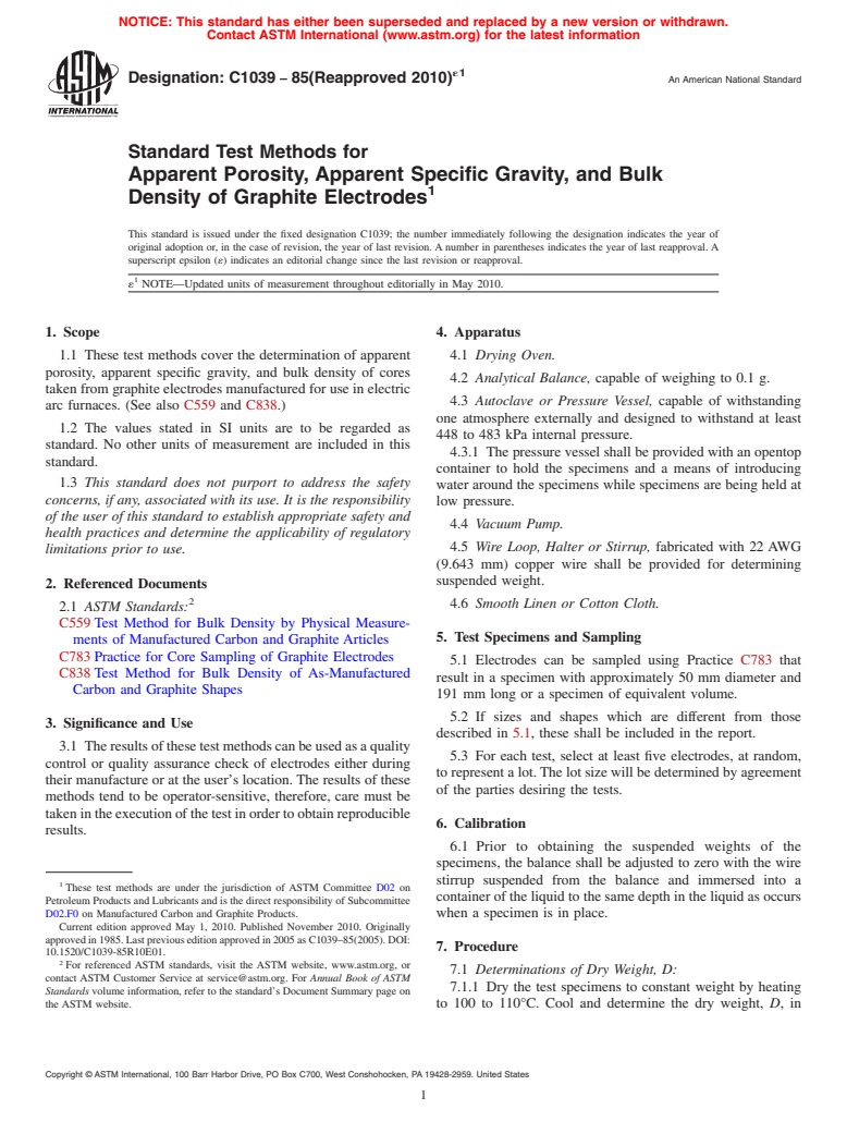 ASTM C1039-85(2010)e1 - Standard Test Methods for Apparent Porosity, Apparent Specific Gravity, and Bulk Density of Graphite Electrodes