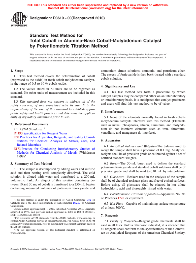 ASTM D3610-00(2010) - Standard Test Method for Total Cobalt In Alumina-Base Cobalt-Molybdenum Catalyst by Potentiometric Titration Method