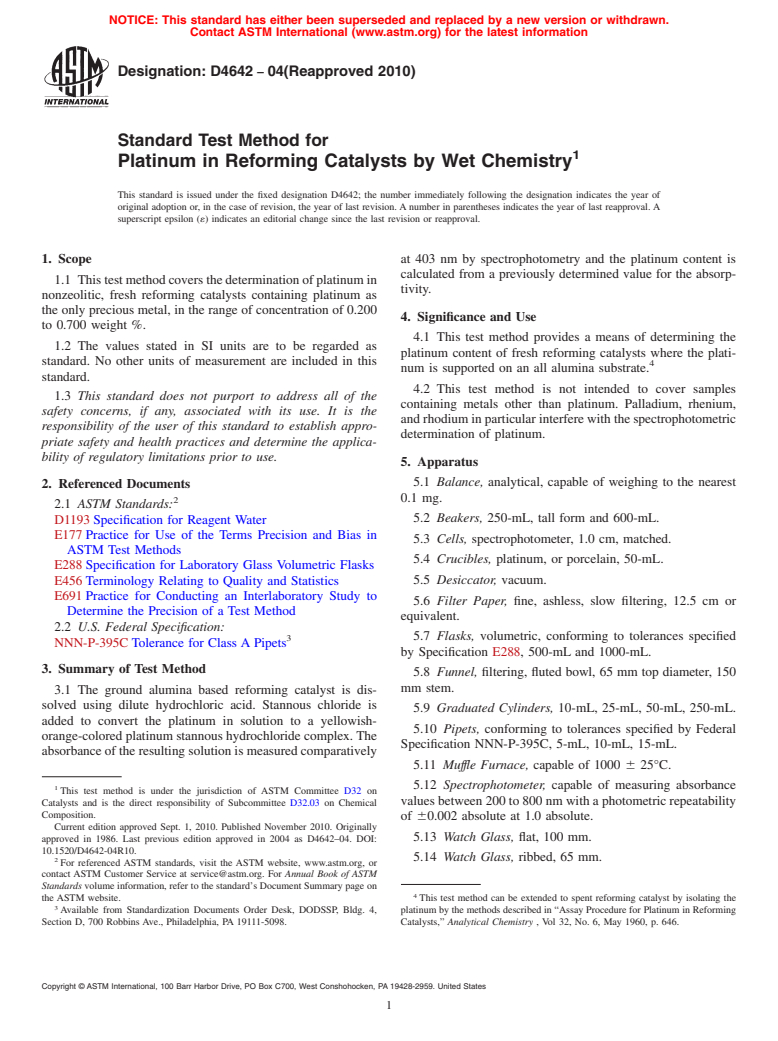 ASTM D4642-04(2010) - Standard Test Method for Platinum in Reforming Catalysts by Wet Chemistry