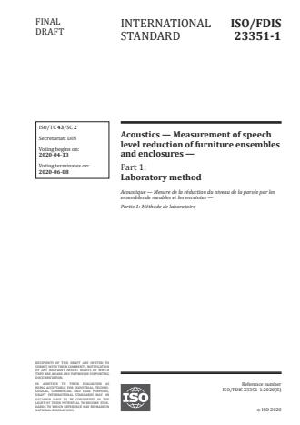 ISO/FDIS 23351-1 - Acoustics -- Measurement of speech level reduction of furniture ensembles and enclosures