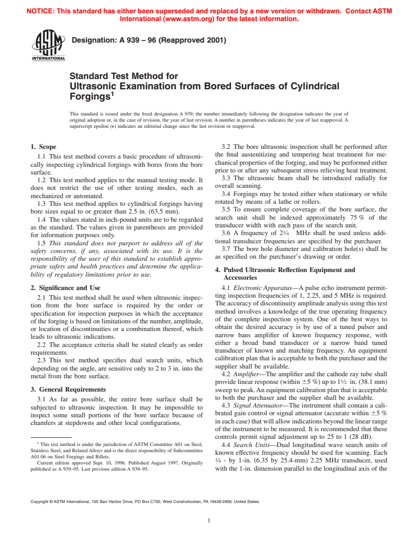 ASTM A939-96(2001) - Standard Test Method for Ultrasonic Examination from Bored Surfaces of Cylindrical Forgings