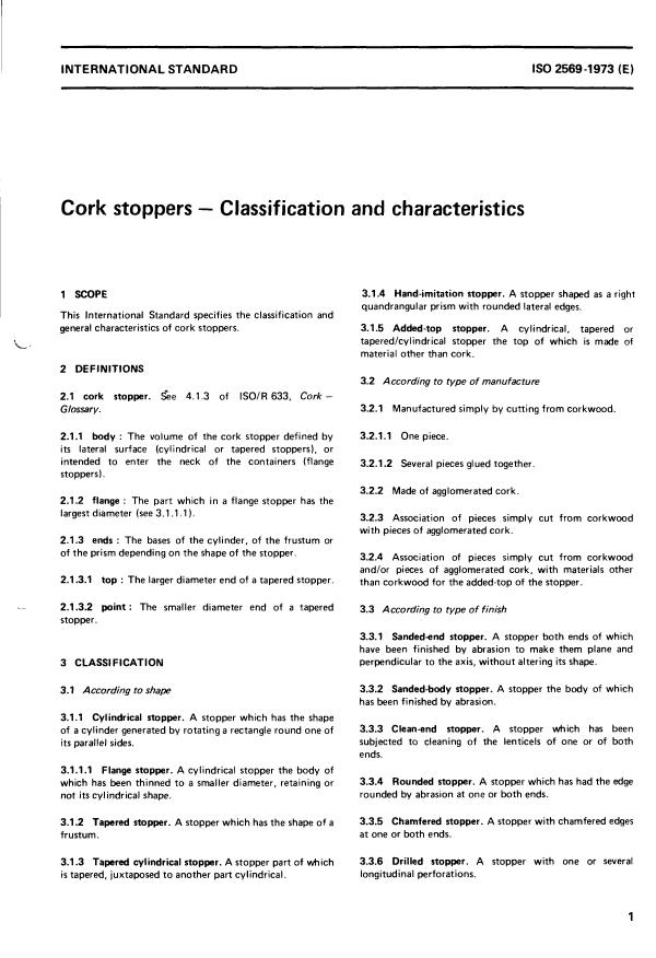 ISO 2569:1973 - Cork stoppers -- Classification and characteristics