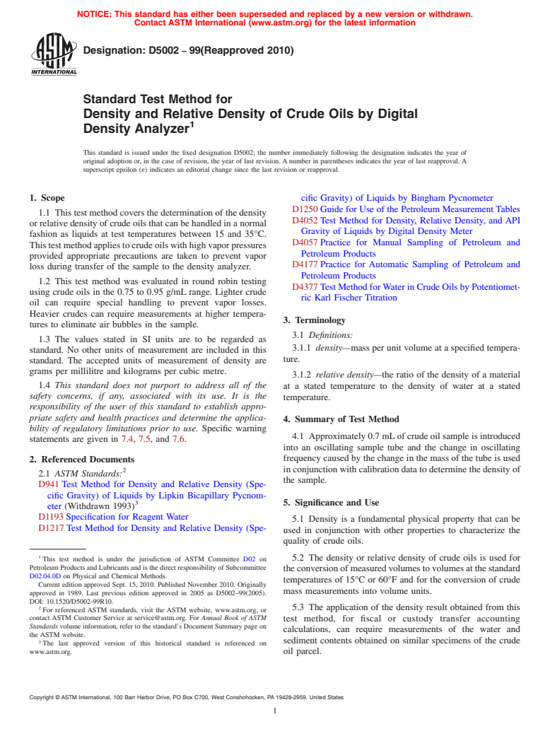 ASTM D5002-99(2010) - Standard Test Method for Density and Relative Density of Crude Oils by Digital Density Analyzer