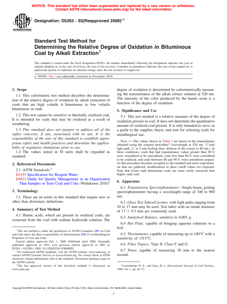 ASTM D5263-93(2008)e1 - Standard Test Method for  Determining the Relative Degree of Oxidation in Bituminous Coal by Alkali Extraction