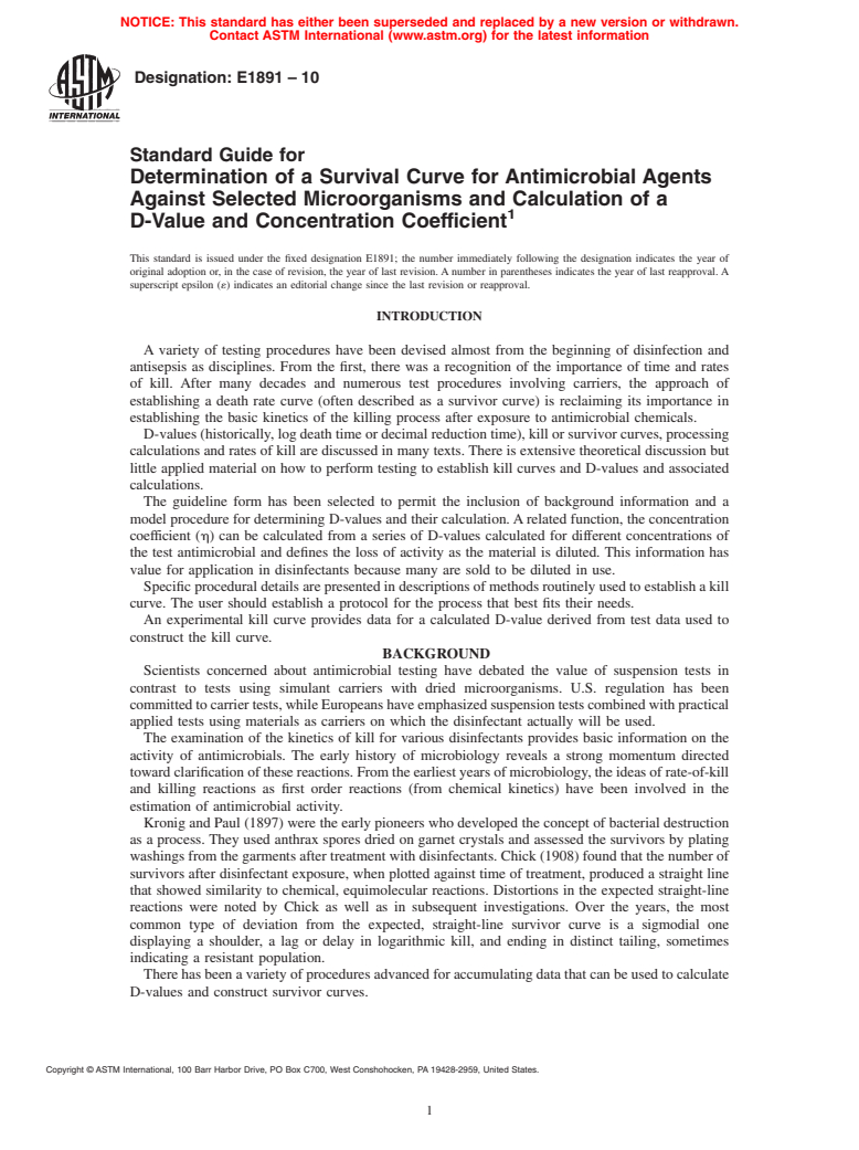 ASTM E1891-10 - Standard Guide for Determination of a Survival Curve for Antimicrobial Agents Against Selected Microorganisms and Calculation of a D-Value and Concentration Coefficient