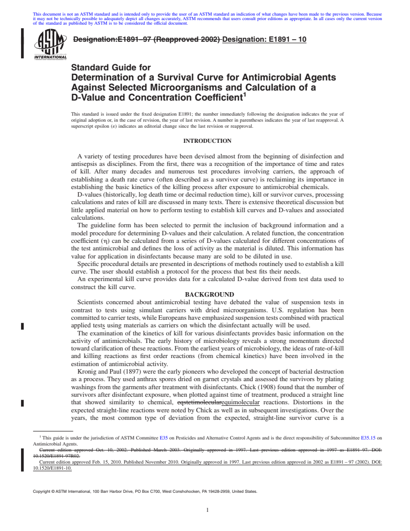 REDLINE ASTM E1891-10 - Standard Guide for Determination of a Survival Curve for Antimicrobial Agents Against Selected Microorganisms and Calculation of a D-Value and Concentration Coefficient