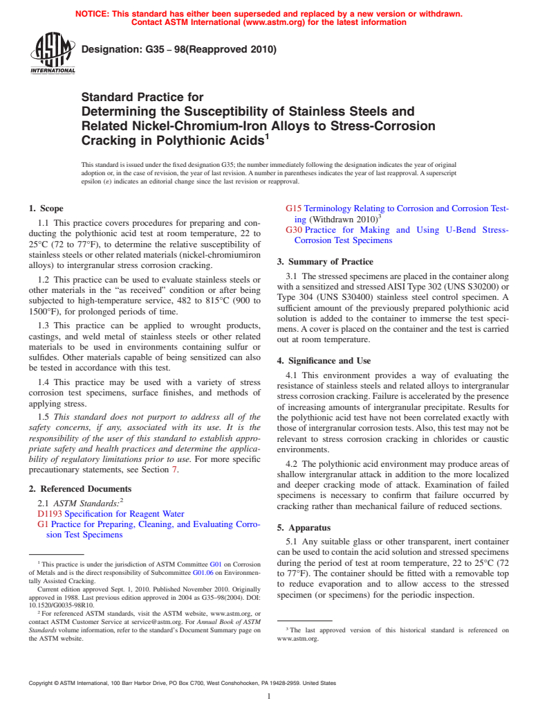 ASTM G35-98(2010) - Standard Practice for Determining the Susceptibility of Stainless Steels and Related Nickel-Chromium-Iron Alloys to Stress-Corrosion Cracking in Polythionic Acids